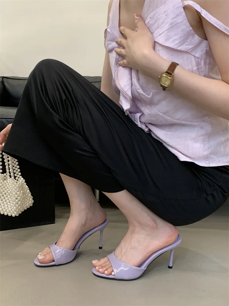 Liyke White Patent Leather Women Slippers Sandals Fashion Round Open Toe Thin High Heels Mules Slides Summer Party Dress Shoes
