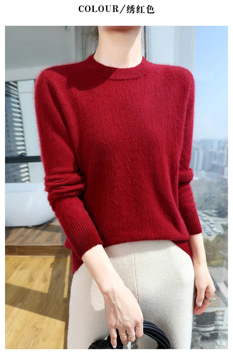 Autumn and winter women's semi high neck pullover sweater solid color knitted slim fit women's 100 mink cashmere sweater new sty