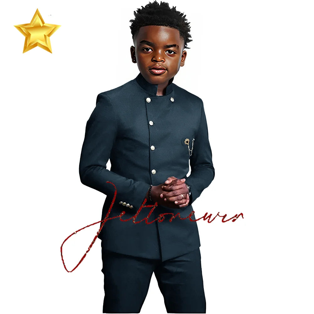 Elegant African Style Boy's Suit Stand Collar Blazer and Pants 2 Piece Casual Business Kids Wear