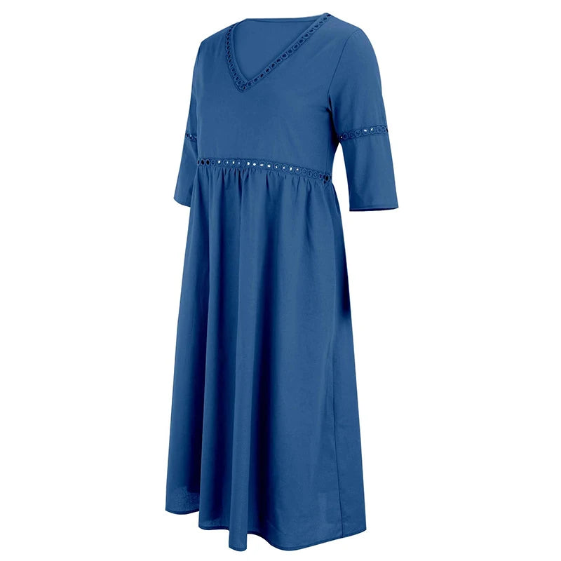 Summer V Neck Half Sleeve Loose Beach Holiday Dress Women Casual Hollow Out Design Solid Color A-line Midi Dress Boho