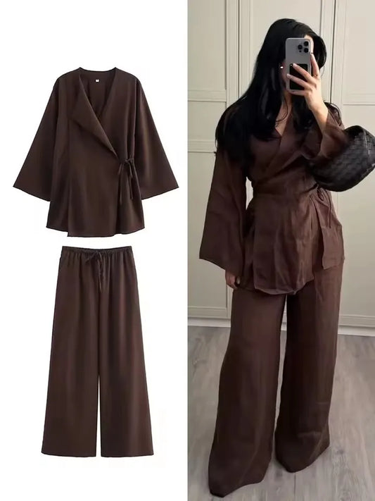 Fashion Linen 2 Pieces Set Loungewear Women Outfits Summer Kimono Style Loose Lace Up Shirts Tops Women's Wide Leg Pants Sets