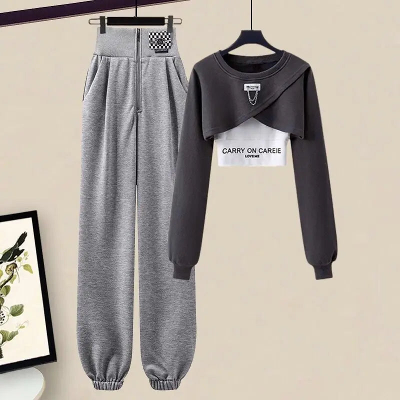 Korean Elegant Sportswear Suit Women's Spring Autumn Fashion Short Sweater+Suspenders+Pants Three Piece Female Tracksuit Set
