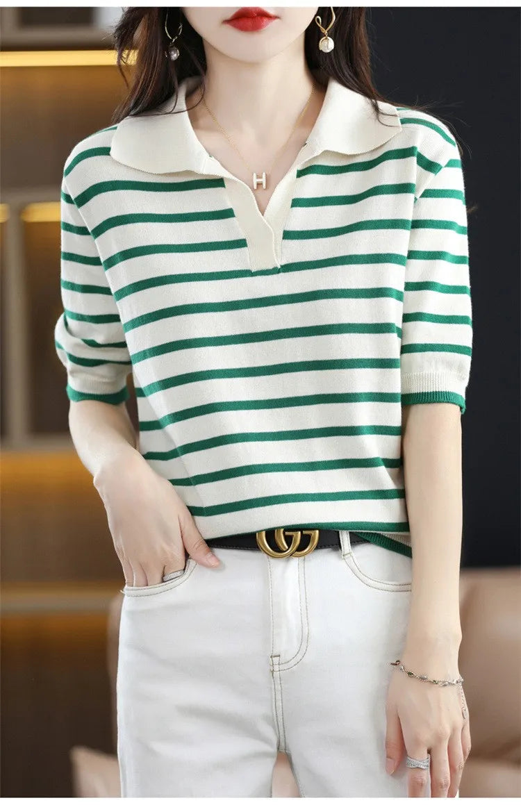 WinvyNee Summer Short Sleeved Women's Solid Polo Shirt Casual Cotton Striped Top T-shirt Women Clothing Casual Knitted A1002001