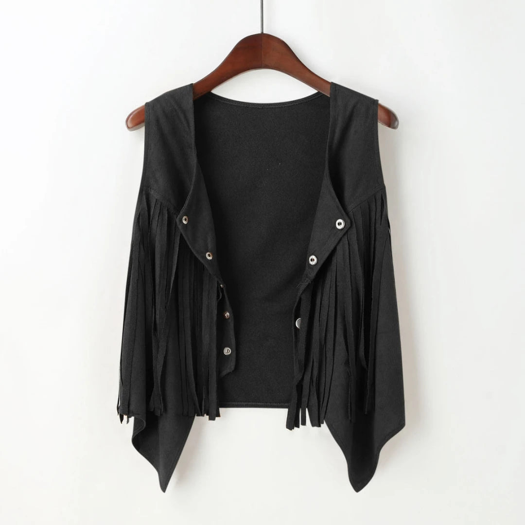 Women Faux Suede Ethnic Sleeveless For Jacket Rivet Fringe Tassels Hippie Open Front Cardigan Vintage Cowgirl Waistcoat Vest