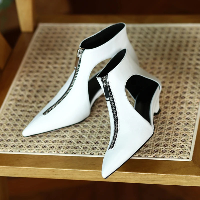 Original Design 2025 Spring Leather Women's Casual Black White Summer Boots Trendy Fashion Boots High Heels Zipper Shoes Woman