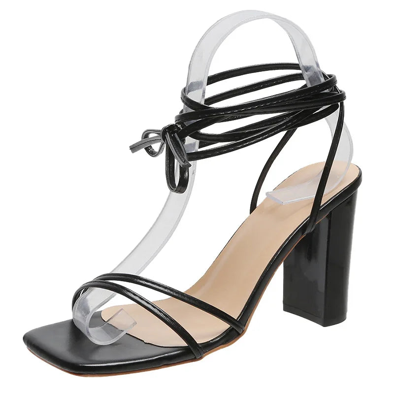 2024 women's summer oversized women's shoes wearing square toe tie up high heels, cross tie up sandals women's slippers