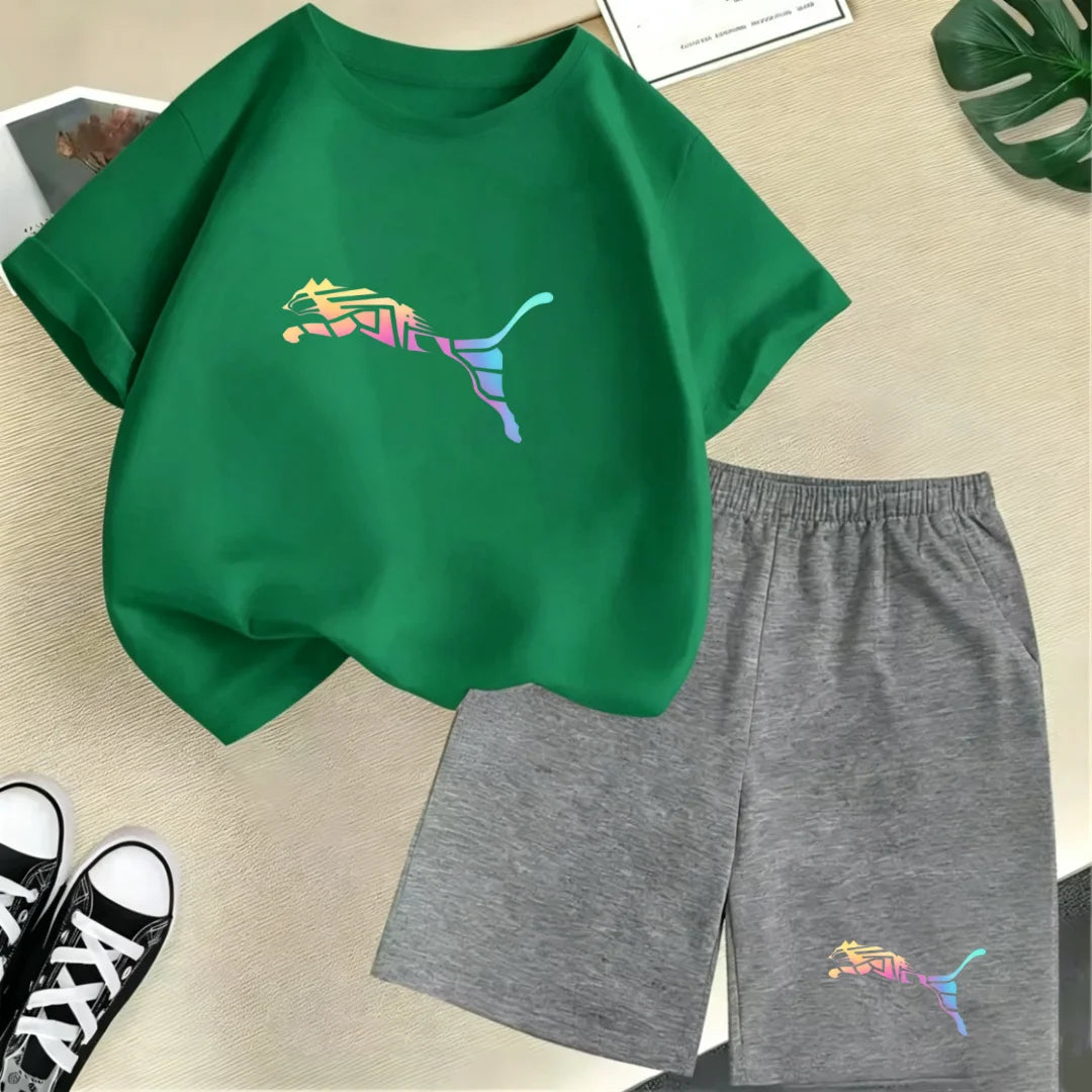 Kids Summer Casual Round Neck T-shirt Colorful Gradation Animals Boy Girl3-12Yrs Short-Sleeved+Shorts Fashion Sports Clothes Set