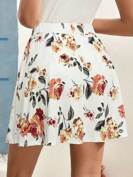 New Floral Printed Skirt for Women's Summer High Waist Pleated Sports Skirt Fake Two-Piece Skirt