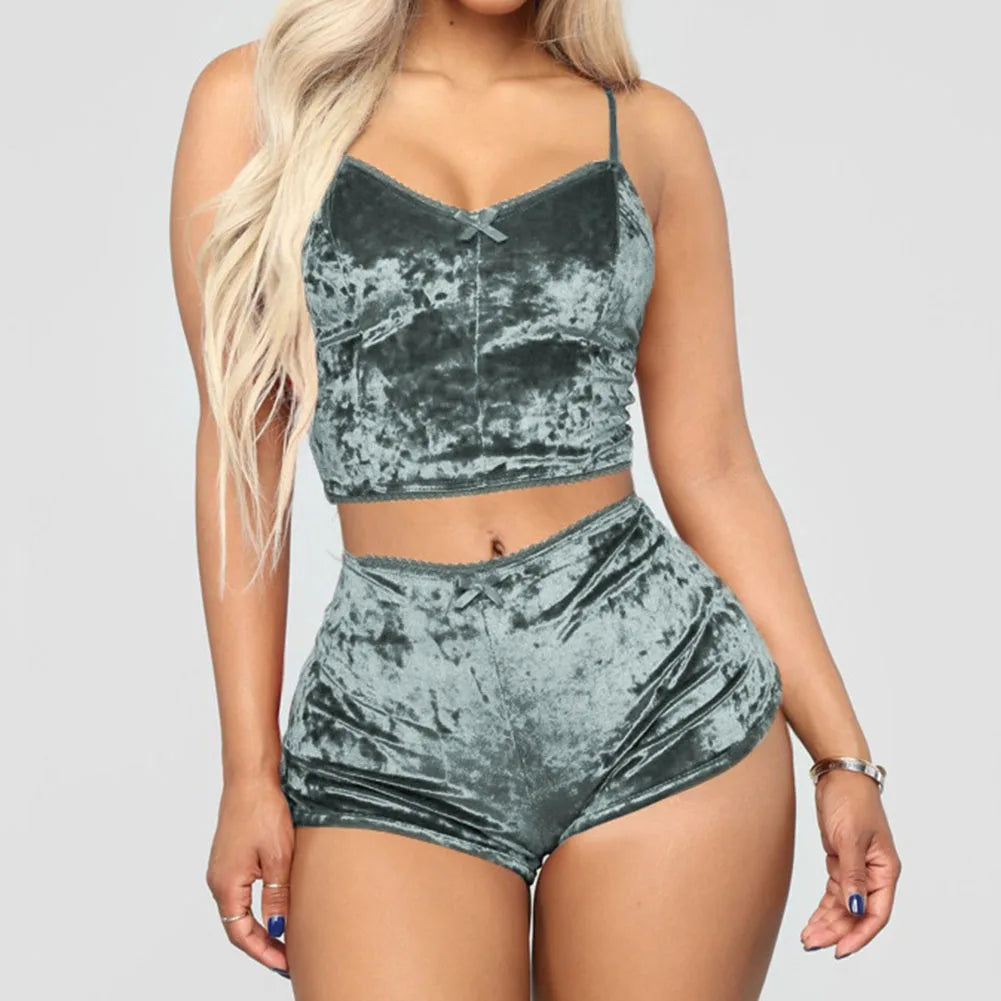 Women Sexy Pajama Set Solid Color V-neck Sleeveless Sexy Underwear Woman Solid Comfortable 2 Piece Lingerie Sleepwear Fashion