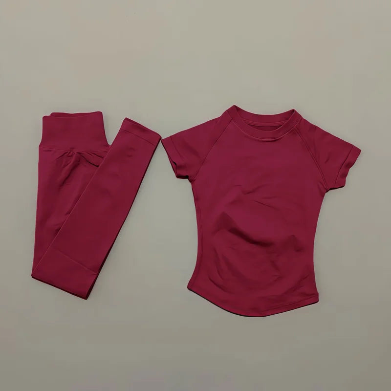 2 Pieces HISTELLO Yoga Set Women Short Sleeve Crop Top Low Waist Butt Lifter Leggings Seamless Breathable Stretch Fitness Sets