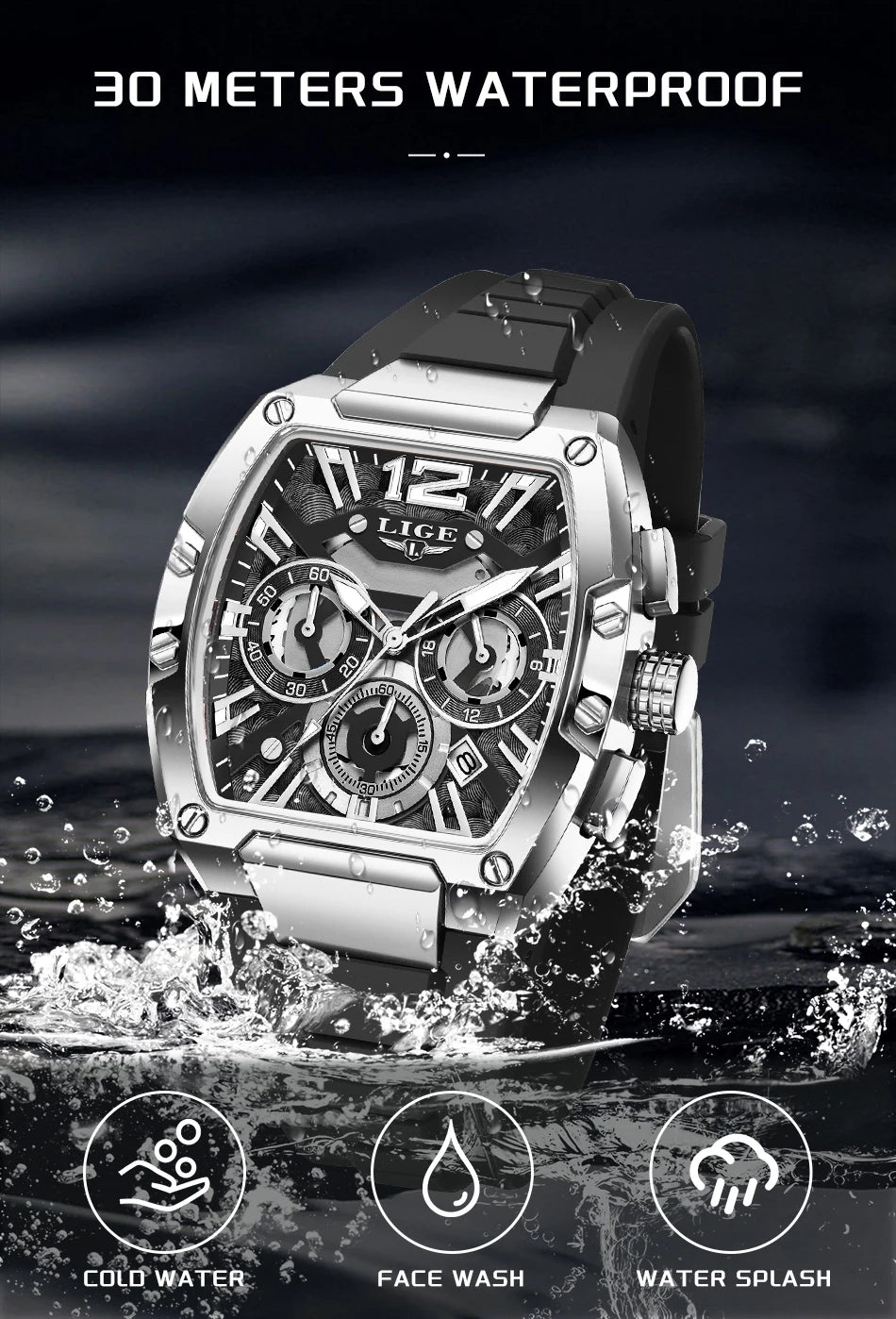 LIGE Fashion Simple Man Watch Casual Sports Military Waterproof Silicone Strap Luminous Quartz Watches for Men Chronograph Gifts