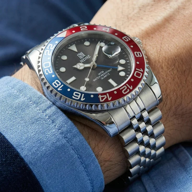 Men's GMT Style Quartz Watch, 3ATM Waterproof Stainless Steel Band, Black Blue Bezel Luminous Wristwatch with Date Display