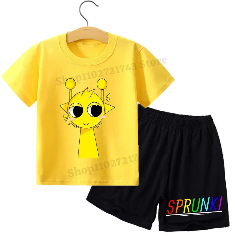 Kids 2 Piece Outfit Sprunki Red Face Character T-Shirt + Shorts Set Boys Girls 100% Cotton Casual Summer Pajamas Set