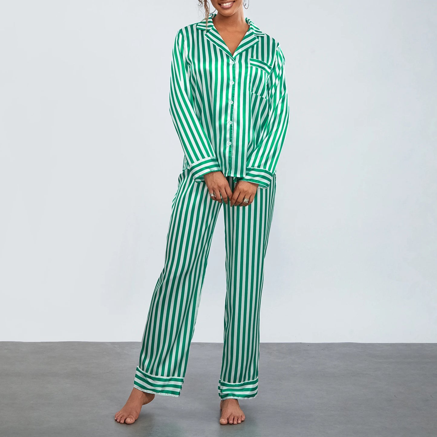 2024 Women Christmas Pajama Sets Striped Long Sleeve Satin Button Shirts with Wide Leg Long Pants Nightwear Sleepwear Loungewear
