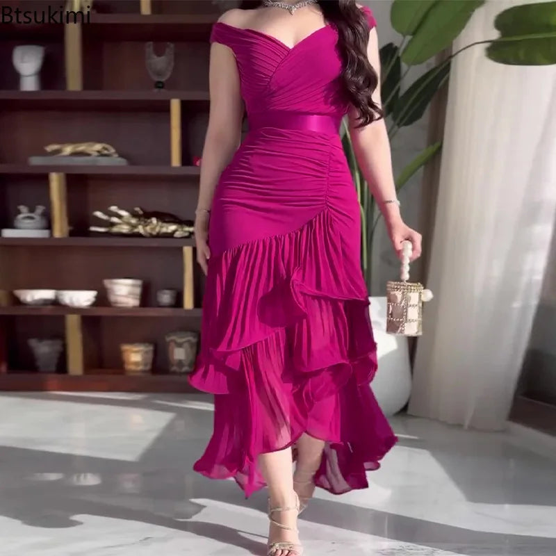 2026 New Women's Sexy Dress Sweet Style Solid High Waist Ruched V-Neck Sleeveless Summer Fashion Ruffle Elegant Party Long Dress