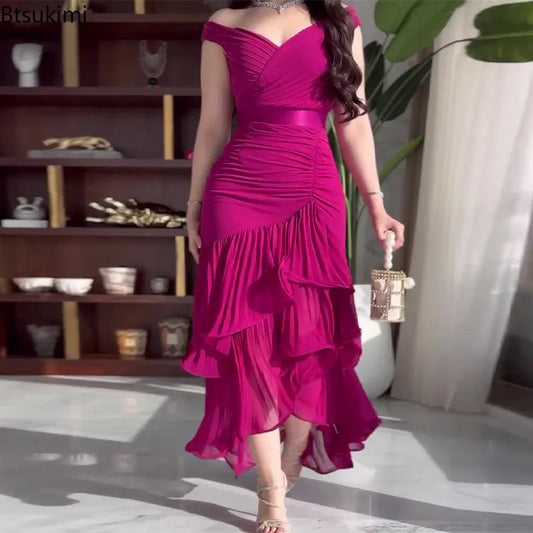 2026 New Women's Sexy Dress Sweet Style Solid High Waist Ruched V-Neck Sleeveless Summer Fashion Ruffle Elegant Party Long Dress