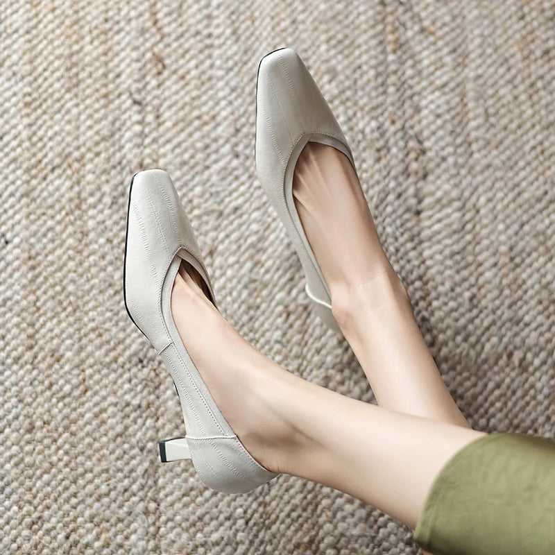 【JOCHEBED HU】Brand Genuine Leather Square Toe Women Pumps Slip Mid Heels Solid Color Dress Party Spring Autumn Shoes Handmade