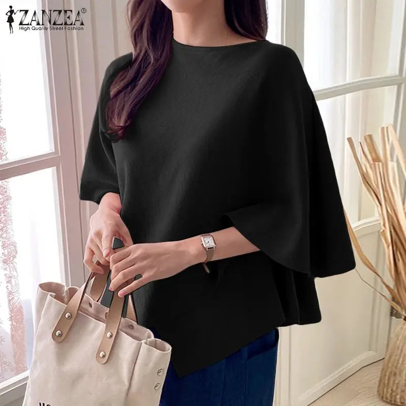 ZANZEA Women Fashion Blouse Chic 3/4 Sleeve Ruffle Hem Top Shirt 2025 Summer Round Neck Loose Blusa Elegant Irregular Work Tunic