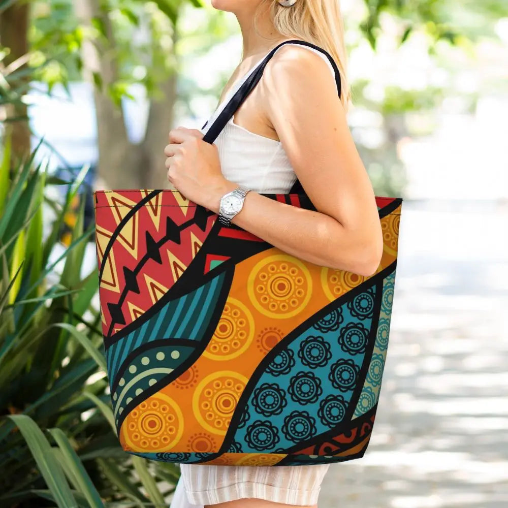 African Ankara Prints Grocery Shopping Tote Bags Women Geometric Ethnic Art Canvas Shoulder Shopper Bags Big Capacity Handbag