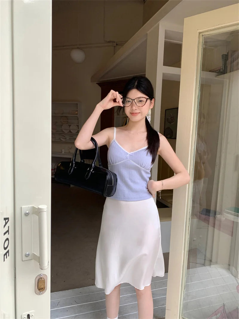 Solid Mermaid Skirts Women American Style Retro Bow Temperament Fashion High Street Slimming Casual All-match Daily Summer Cozy