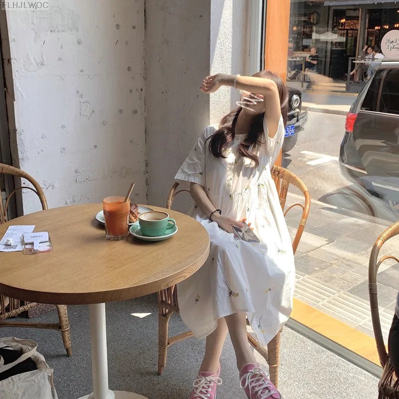 Loose Summer Cute Sweet Japanese Style Girls Flower Embroidery Retro Vintage Single Breasted Button Cotton Blends Shirt Dress