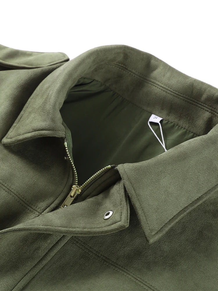 Fashion Suede Green Jackets Coat Women Lapel Full Sleeve Zipper Bomber Coats 2026 Spring New Loose Lady Street Solid Outwears