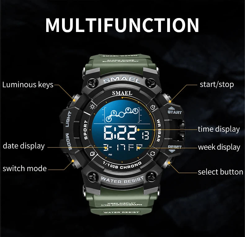 SMAEL Digital Watch LED Alarm Clock Military Watches Big Dial Digital Wristwatches 8082 Sport Watches for Men