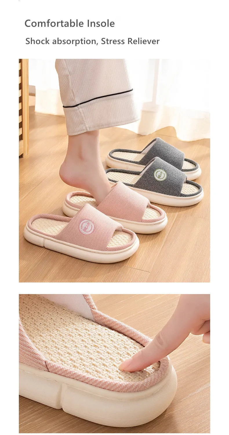Couples Home Linen Slippers Women Indoor Soft Comfortable Bedroom Slides Men Leisure Non Slip House Shoes Platform Cotton Flats