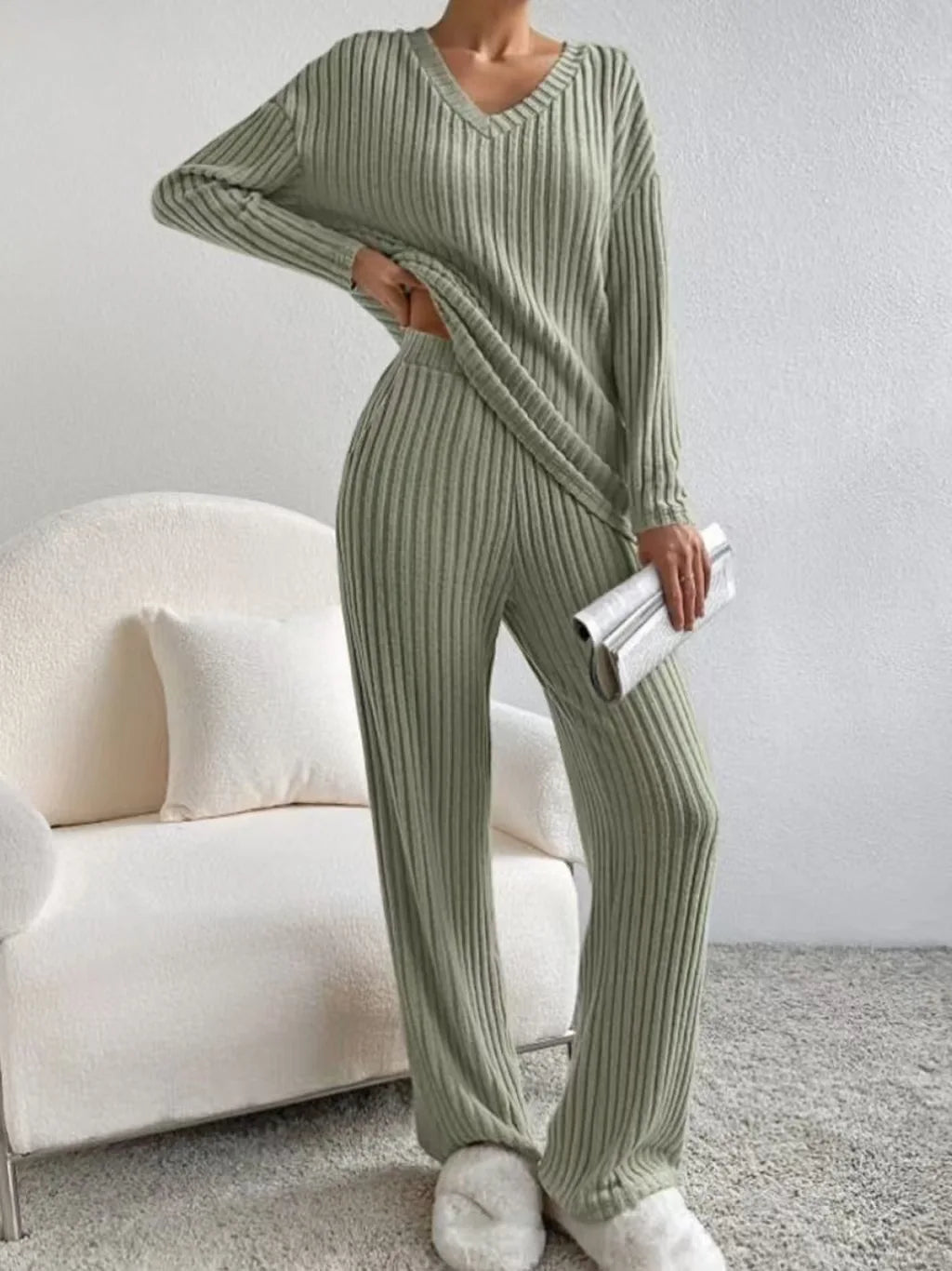 Fashionable Knitted Two-Piece Set Casual V-Neck Long Pants Autumn Winter New Style Loose Fit Korean Style Comfortable Polyester