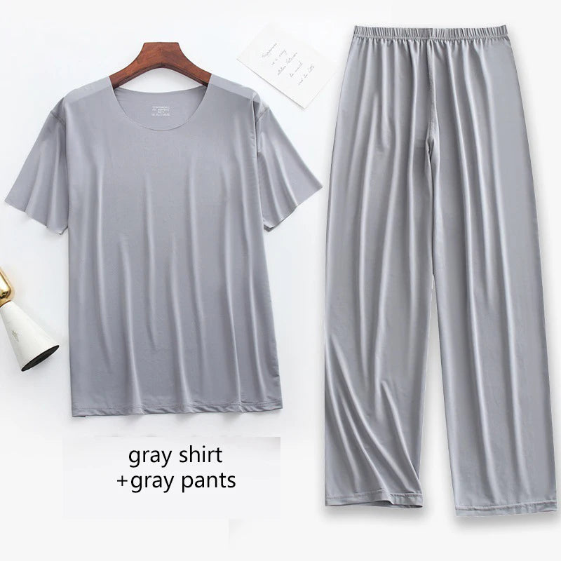 2Pcs/set Mens Ice Silk Short Sleeves T-Shirt & Long Pants Cool Thin Sleepwear Male Summer Pyjamas Home Clothing Nightwear Suit