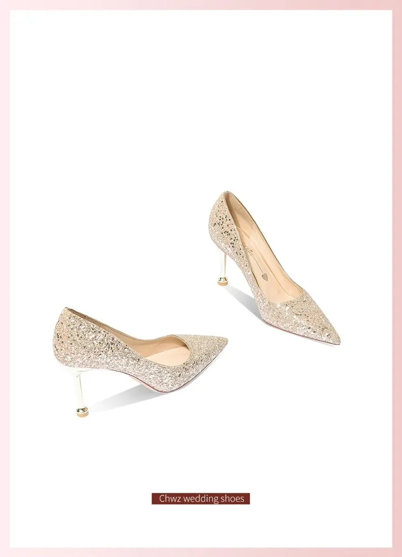 2025 New Women Pumps High Heel Metal Pointed Toe Shallow Sexy Ladies Bling Bridal Wedding Women Shoes White High Heels