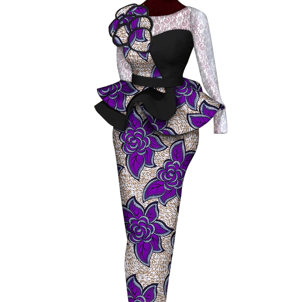 African Skirt Sets Women Suit Long Straight Skirts and Tops with Lace Decoration Bazin Riche Traditional African Clothing WY6195