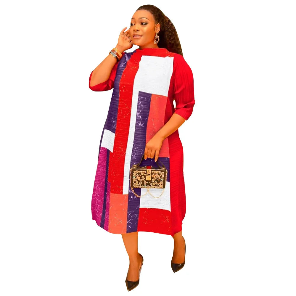 African Dresses for Women Summer Fashion Style African 3/4 Sleeve Polyester O-neck Pleated Dress Dashiki African Clothes Women