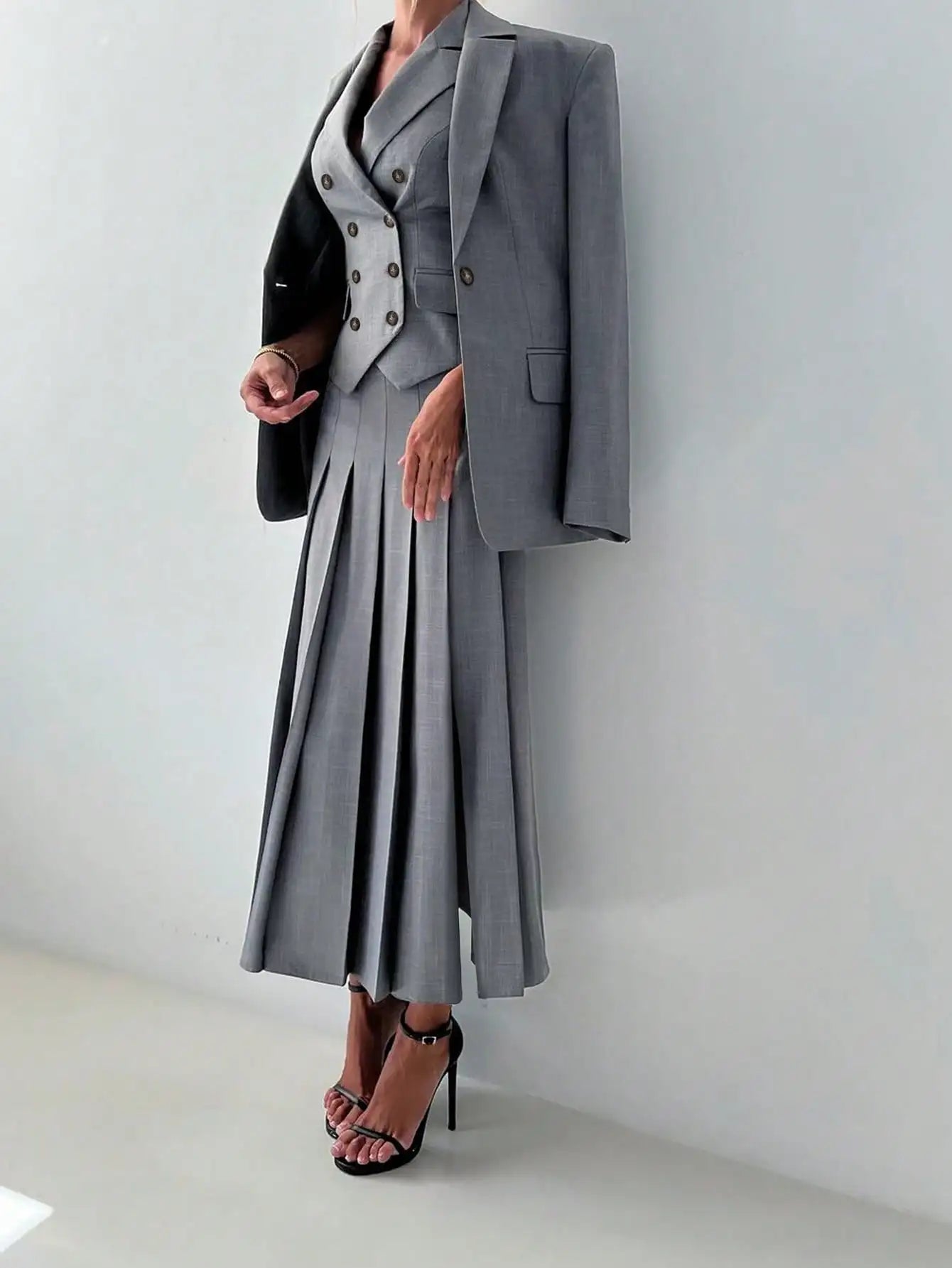 3pcs Women Elegant Work Casual Business Suit Set: Fitted Vest for Spring/Summer, Pleated Midi Skirt, Suitable for Office Lady