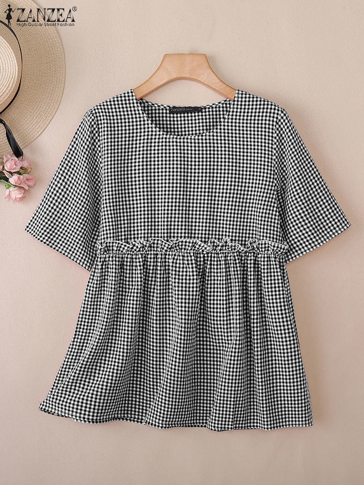 2025 ZANZEA Women Plaid Checked Blouse Summer Casual O Neck Short Sleeve Blusas Loose Tops Stylish Ruffled Work Shirt Oversize