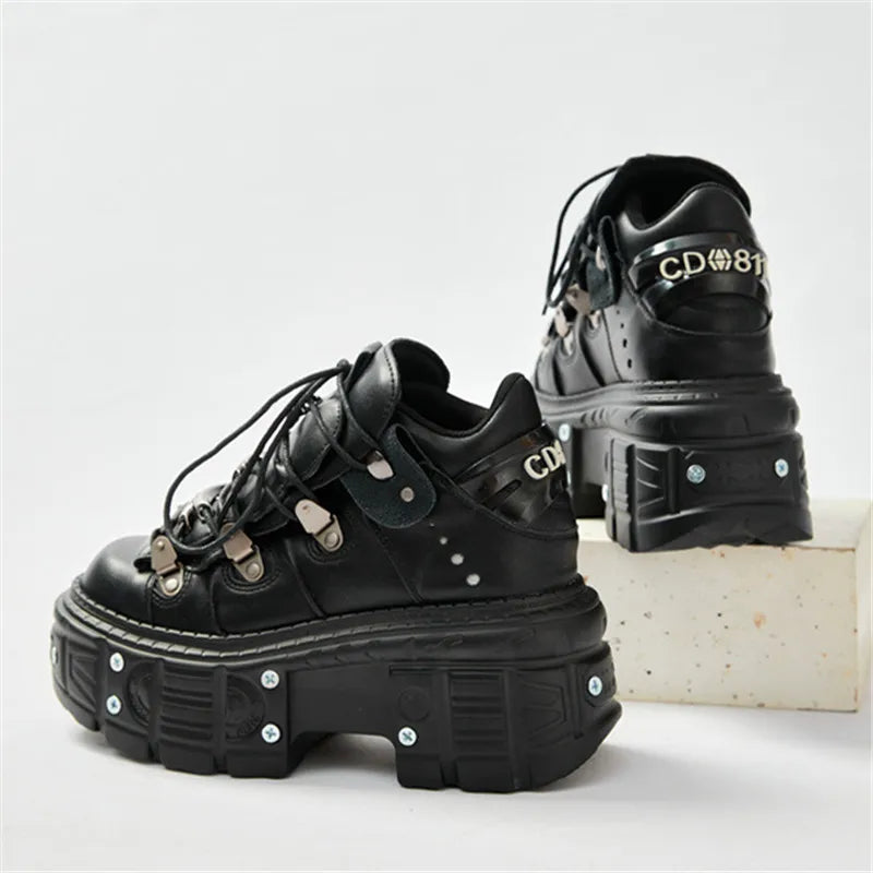 New Fashion Women Lace-Up Sneakers Round Toe Thick Bottom Metal Decoration Woman Ankle Botas Mujer Punk Party Rock Platform Shoe