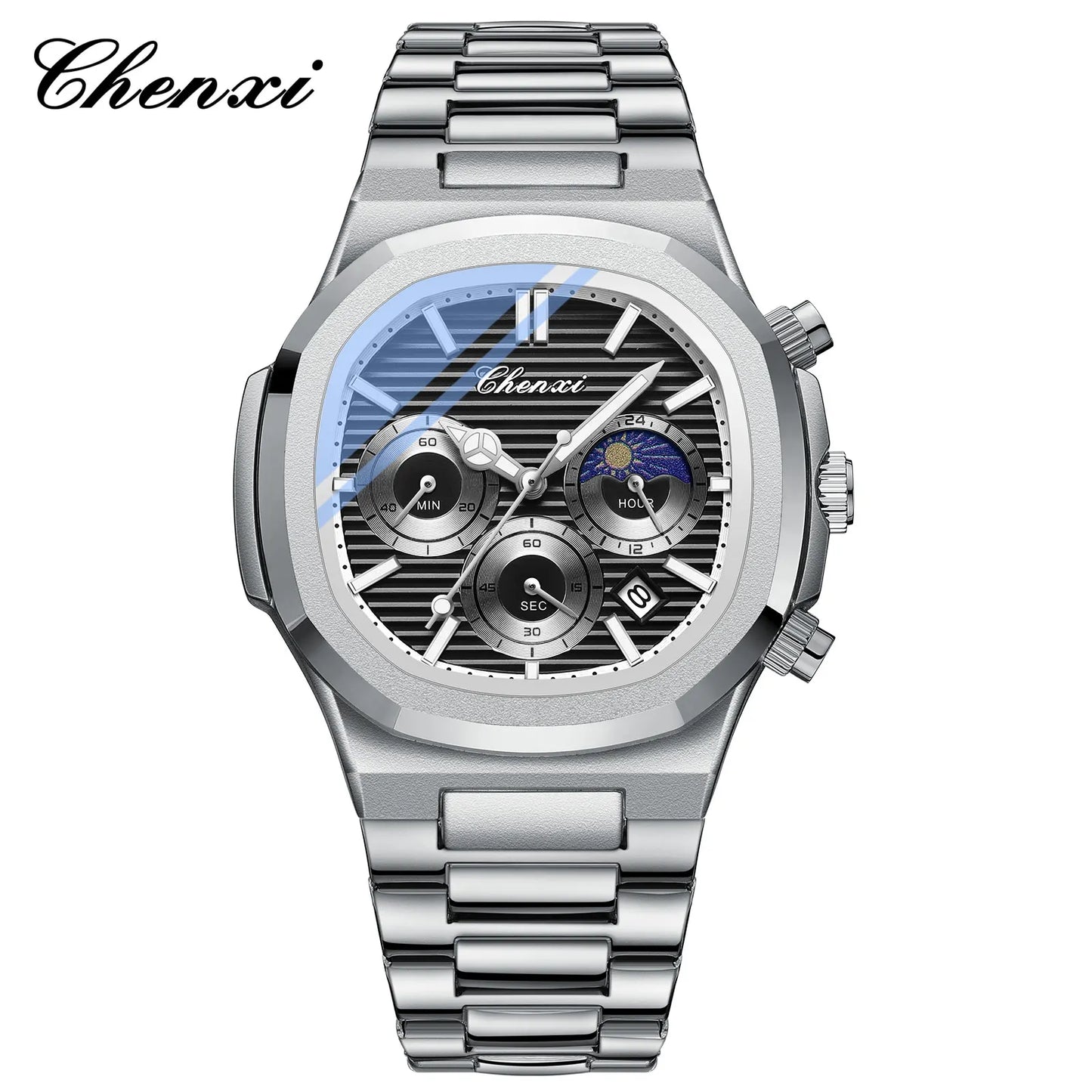 CHENXI Fashion Luxury Men's Watches Stainless Steel Quartz Movement Waterproof Calendar Moon Phase Chronograph Watch for Men