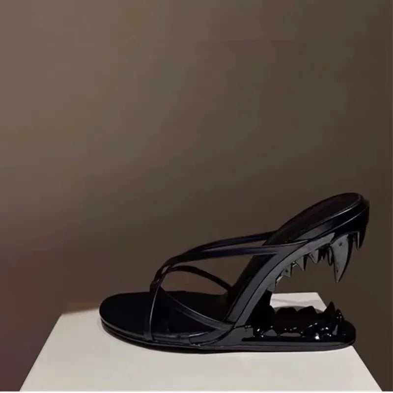 Spring Fashion Show, Teeth Shaped Heels, High Heels with Exposed Toes, Sloping Heels, Round Toe Fashion Women's Shoes