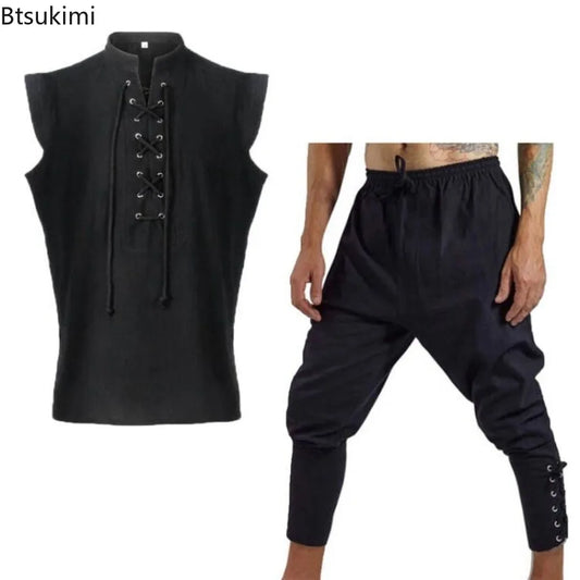 2026 Medieval Men's Cotton Linen 2pc Sets Renaissance Victorian Men Lace-up Stand Collar Tops Pants Casual Suit Cosplay Costumes