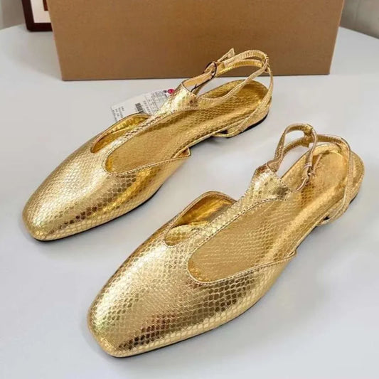 2025 Spring Women Slingback Flats Designer Buckle Ankle Strap Fashion Gold Black Large Size Comfortable Ladies Mary Jane Shoes