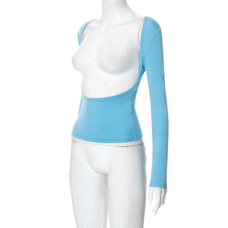 Backless Short Sleeve Blue Y2K Crop Top Women Casual O Neck  Summer T Shirts Sexy Vintage Cut Out