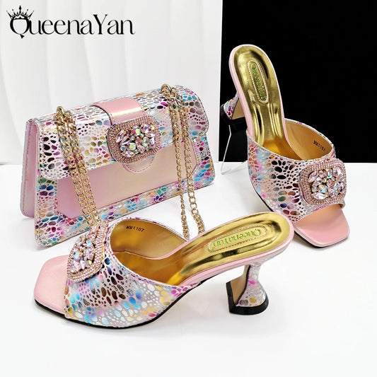 Queena Yan Italian Latest Styles Women Shoes and Bag Set Pink Color Comfortable Elegant High Heels With Rhinestone Decorate