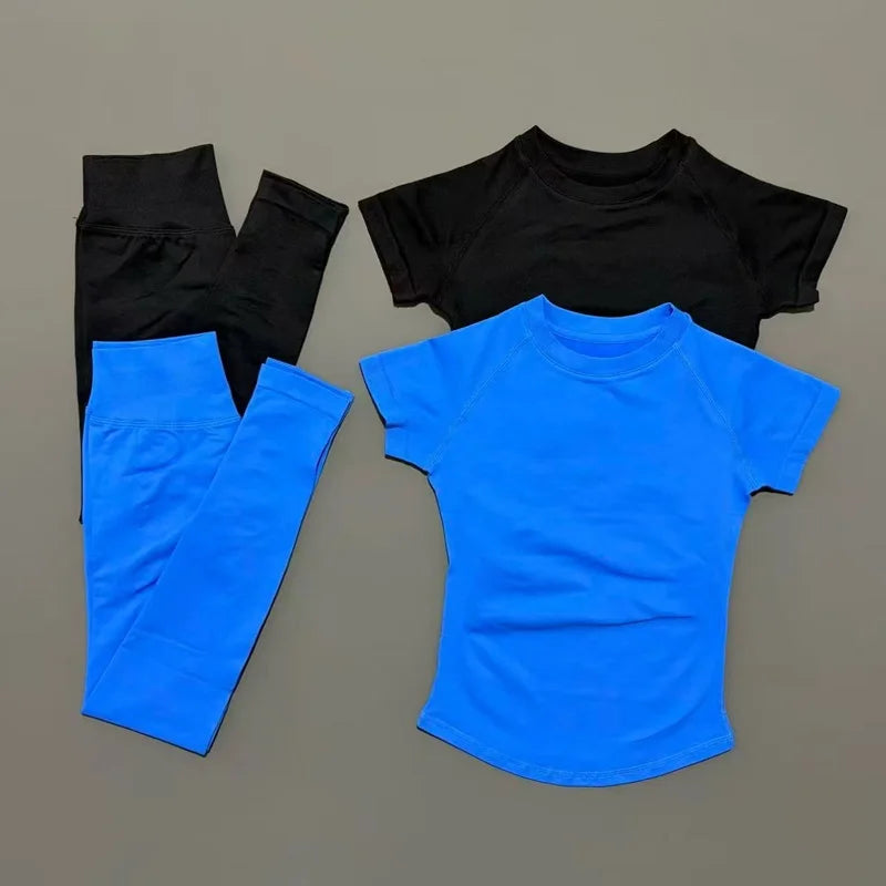 2 Pieces HISTELLO Yoga Set Women Short Sleeve Crop Top Low Waist Butt Lifter Leggings Seamless Breathable Stretch Fitness Sets