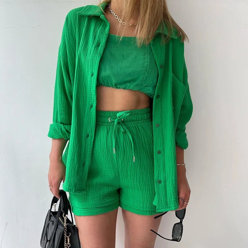 Casual Sleepwear 100% Cotton Pajamas For Women Sets Suit Turn-Down Collar Nine Quarter Sleeve Sleep Tops Shorts Female Homewear