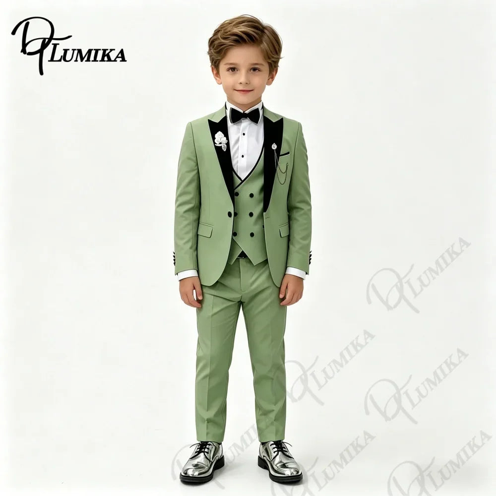 Boys Wedding Suit Jacket Vest Pants with Bowtie Tie Peak Lapel Kids Formal Tuxedo for Party Stage Prom Graduation Dress Outfit