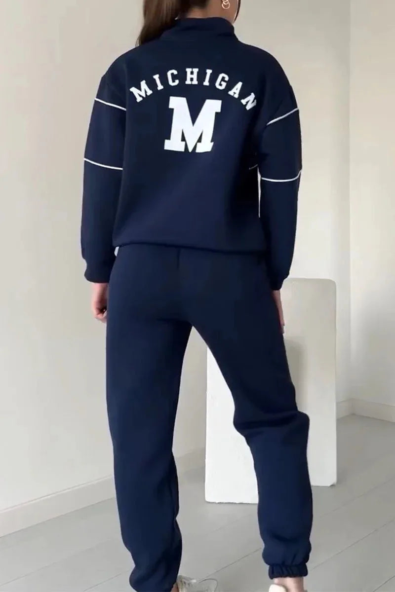 Autumn Winter New Fashion Letter Print Sweatshirt Set Casual Zipper Half Open Collar Long-sleeve Top + Sweatpants Two-piece Suit BAZAARHUBO