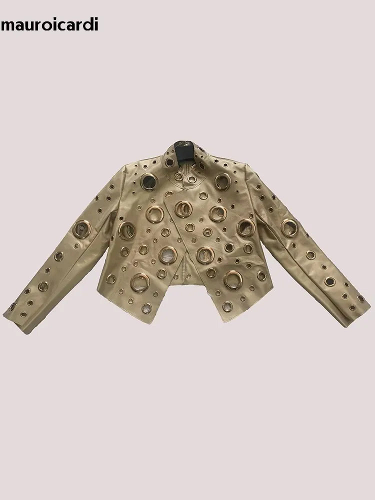 Mauroicardi Spring Short Hollow Out Patchwork Short Pu Leather Jacket Women Cool Luxury Designer European Style Clothes Fashion