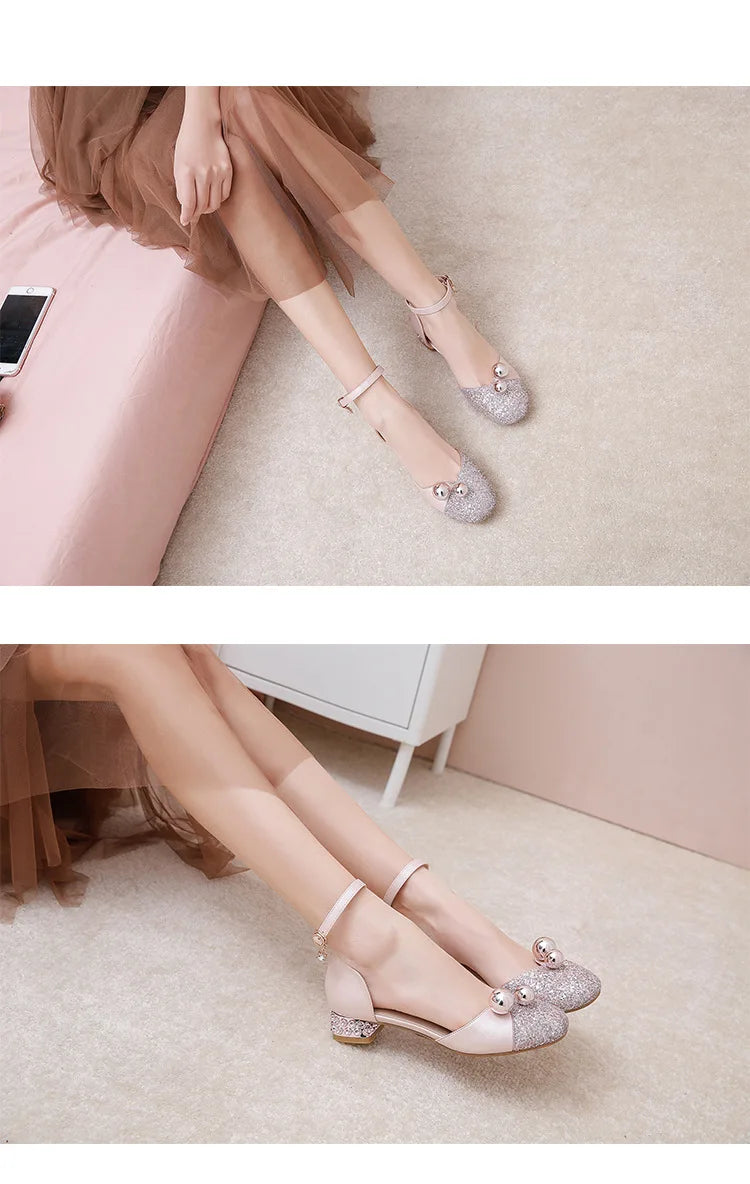 Princess Kids Leather Shoes Girls Sandal Sweet Pearl Casual Glitter Children High Heels Girls Party Dance Shoes Pink Gold Silver