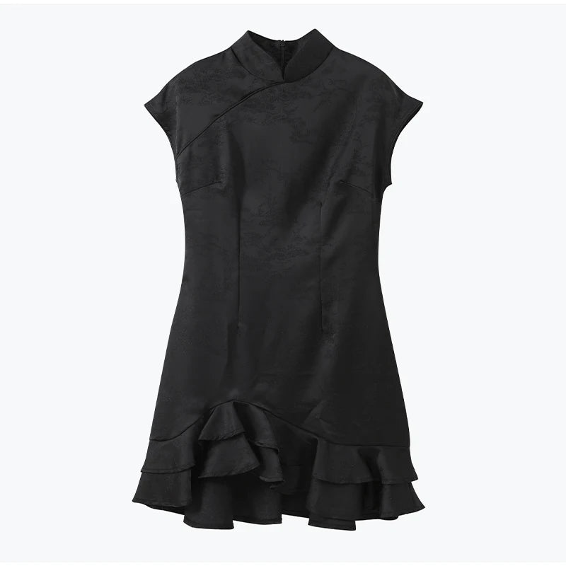 Lady Solid Satin Mini Dress Women Short Sleeve Stand Collar Patchwork Ruffle Draped Dresses Party Dinner Vestido 2026 Elegant