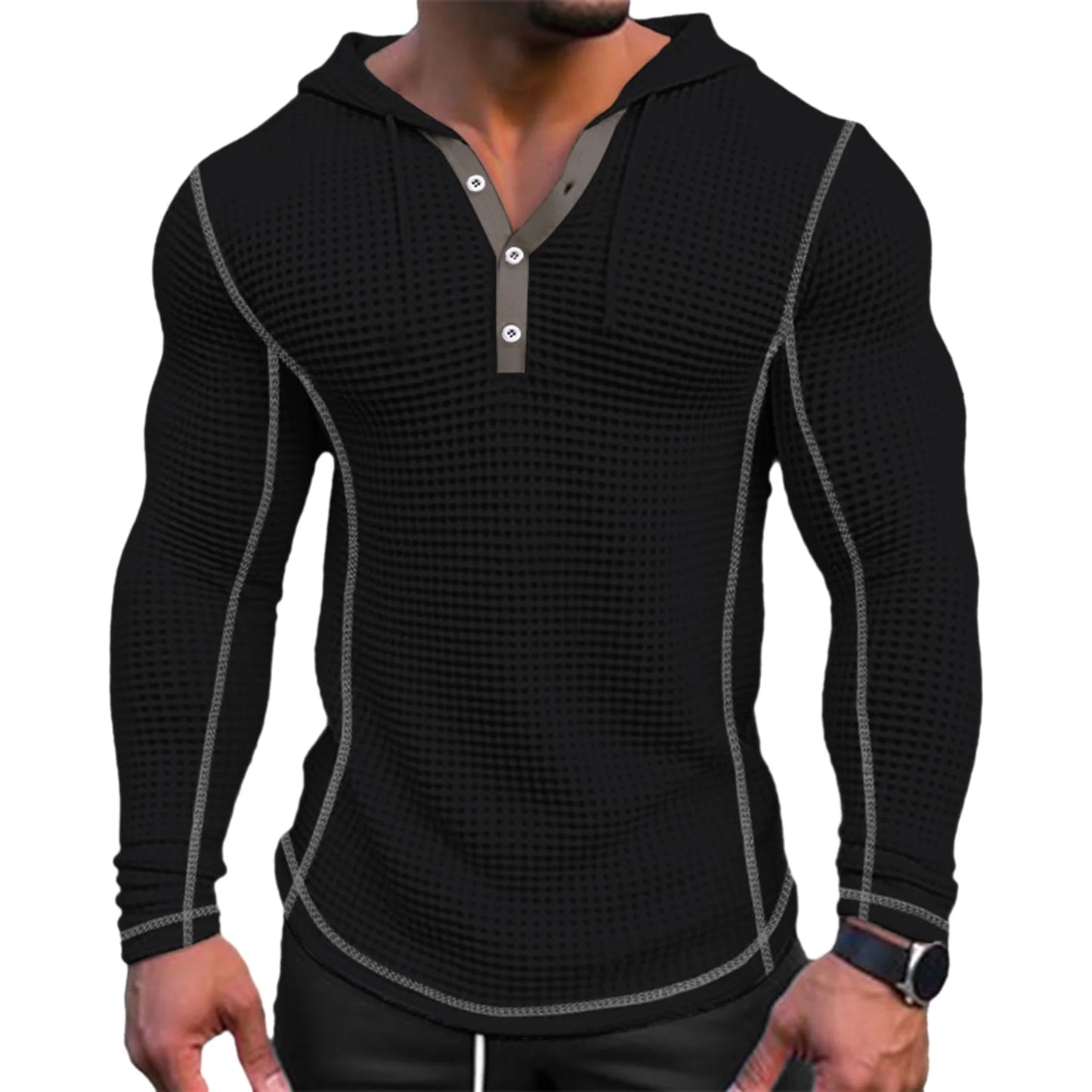 Spring Solid Color Slim Fit Long Sleeved T-shirt, Men's Hooded Breathable Sports Top, Waffle Cotton Casual Long Sleeved Shirt